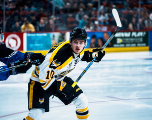 Two ice hockey players in action on an ice rink with spectators in the background.